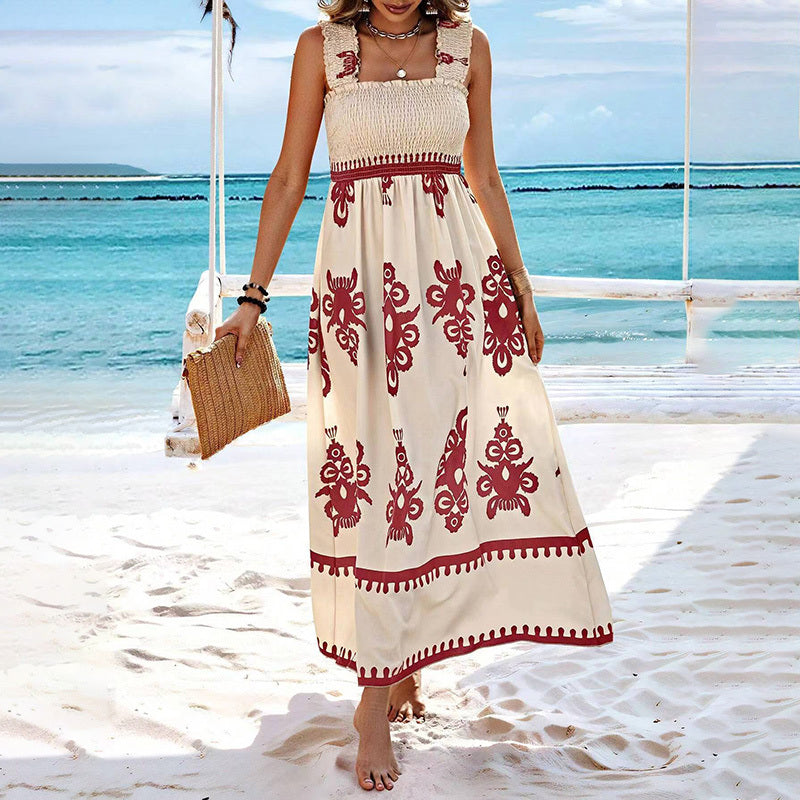 Women's Wide Strap Printed Maxi Dress With Bust Pleats, A-Line Vacation Dress CJ US
