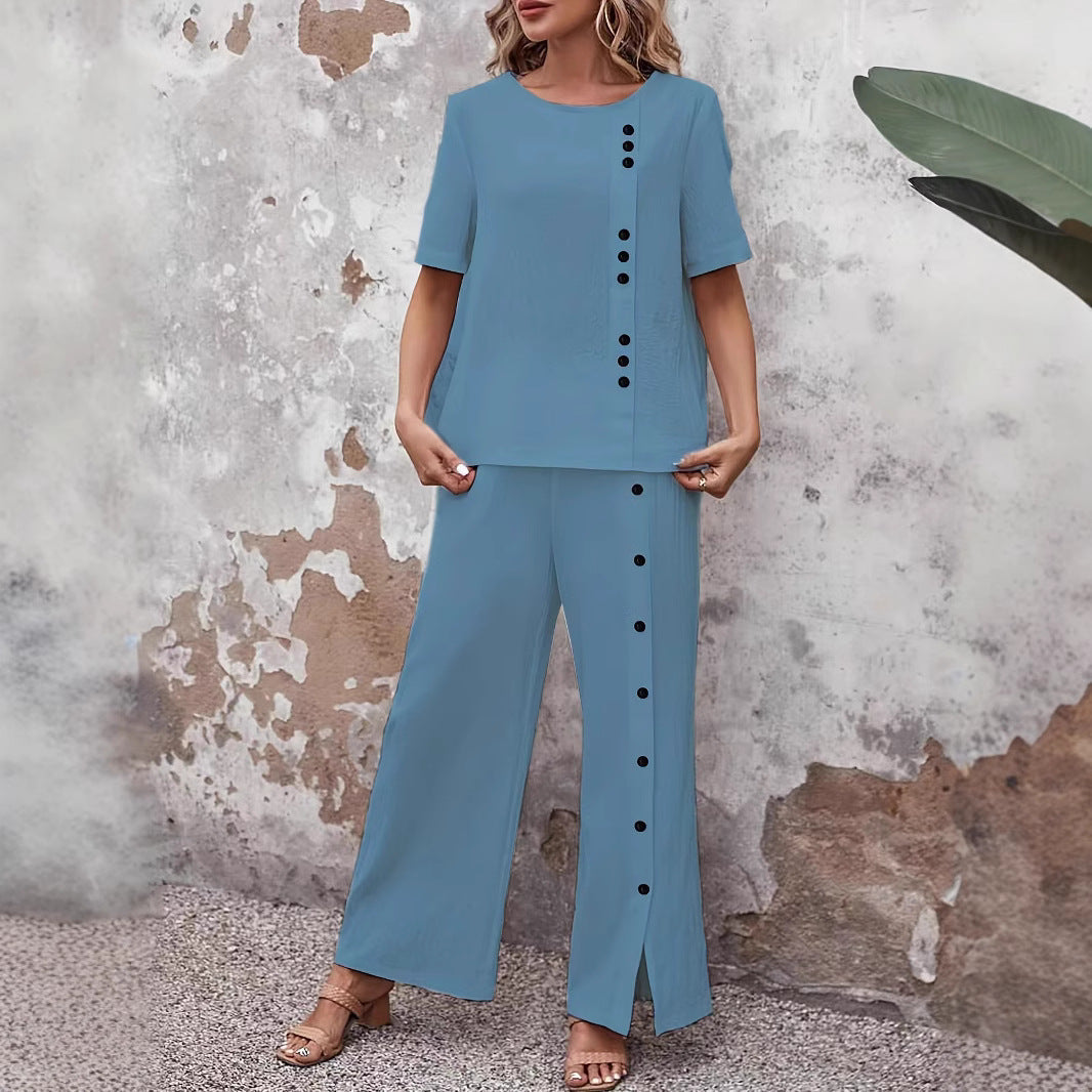 Two-piece Short-sleeve Button-up Top Loose-fit Womens Outfit 