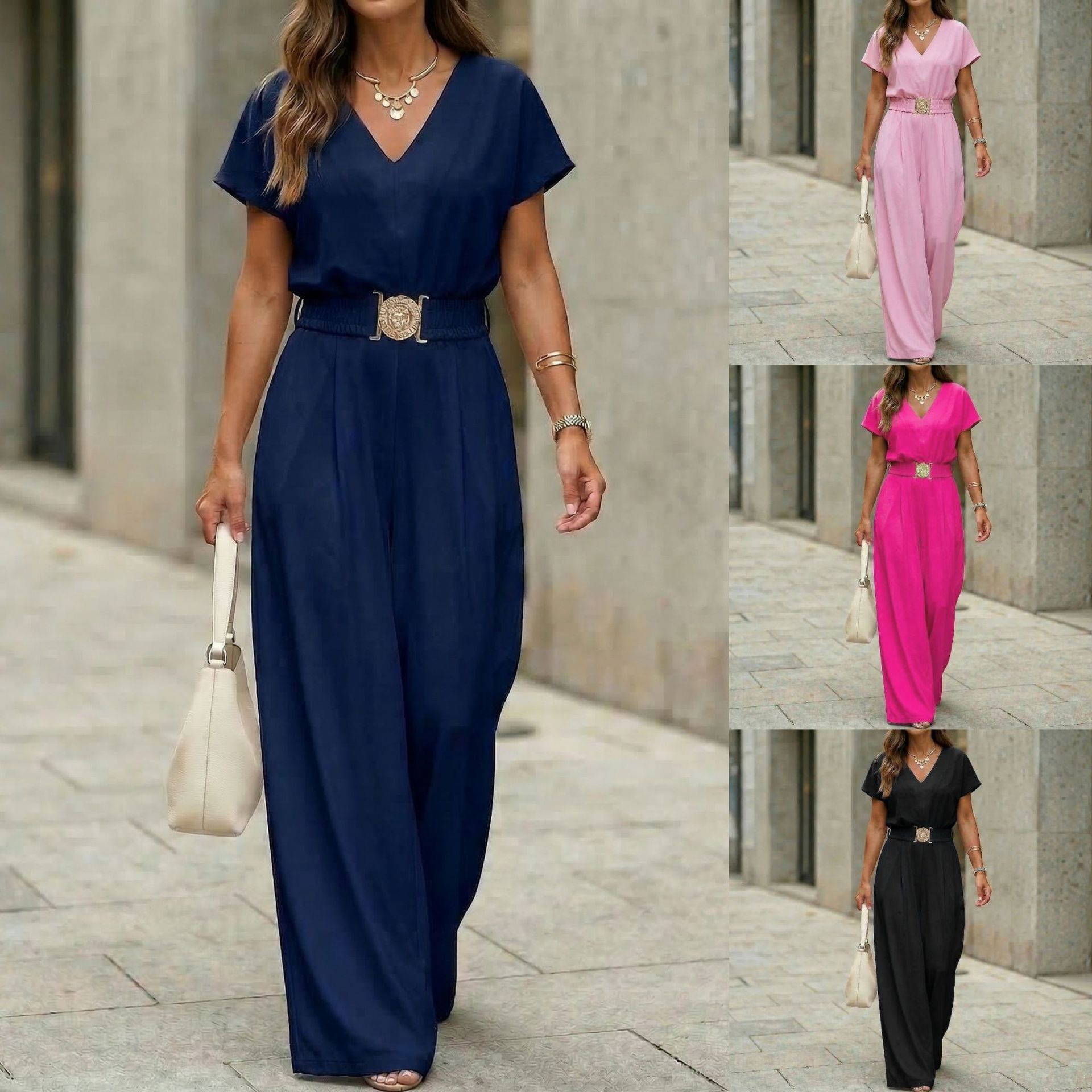 Womens V-neck Solid-color Short-sleeve Long-pants Belted Jumpsuit 