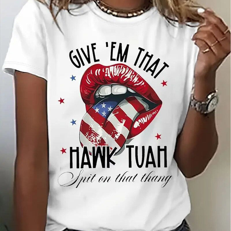 Women's Round Neck American Flag Lips & Stars Print Summer Top, Casual Comfortable Short Sleeve Tee CJ
