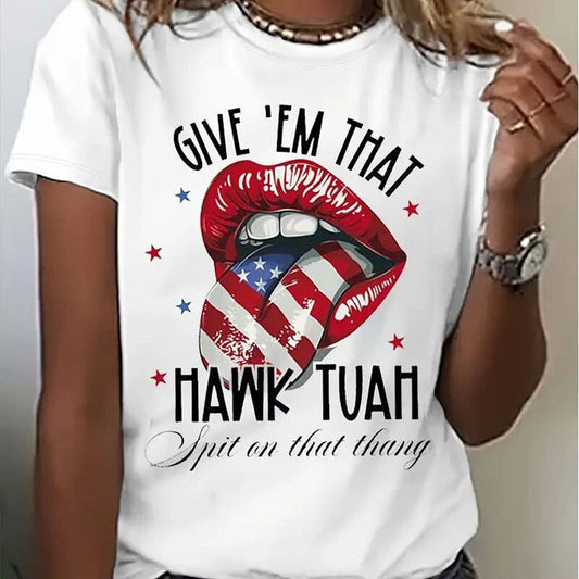 Women's Round Neck American Flag Lips & Stars Print Summer Top CJ