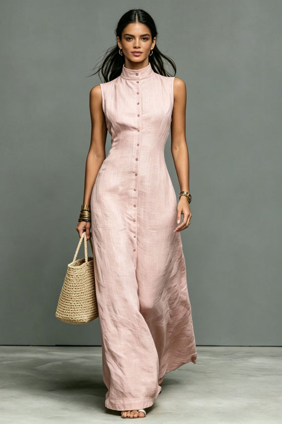 Blended Fabric Stand-up Collar Single-breasted Sleeveless Maxi Dress 