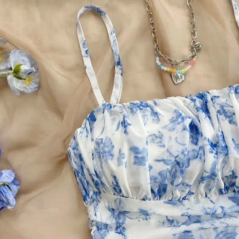 Women's Boho Floral Print Mini Dress Spaghetti Strap Ruched Ruffle Hem Vacation Sundresses CJ