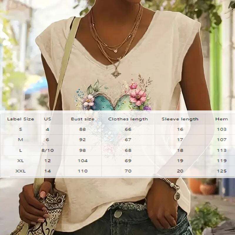 Women's V-Neck Short Sleeve T-Shirt Floral Heart Print Summer Casual Top CJ US