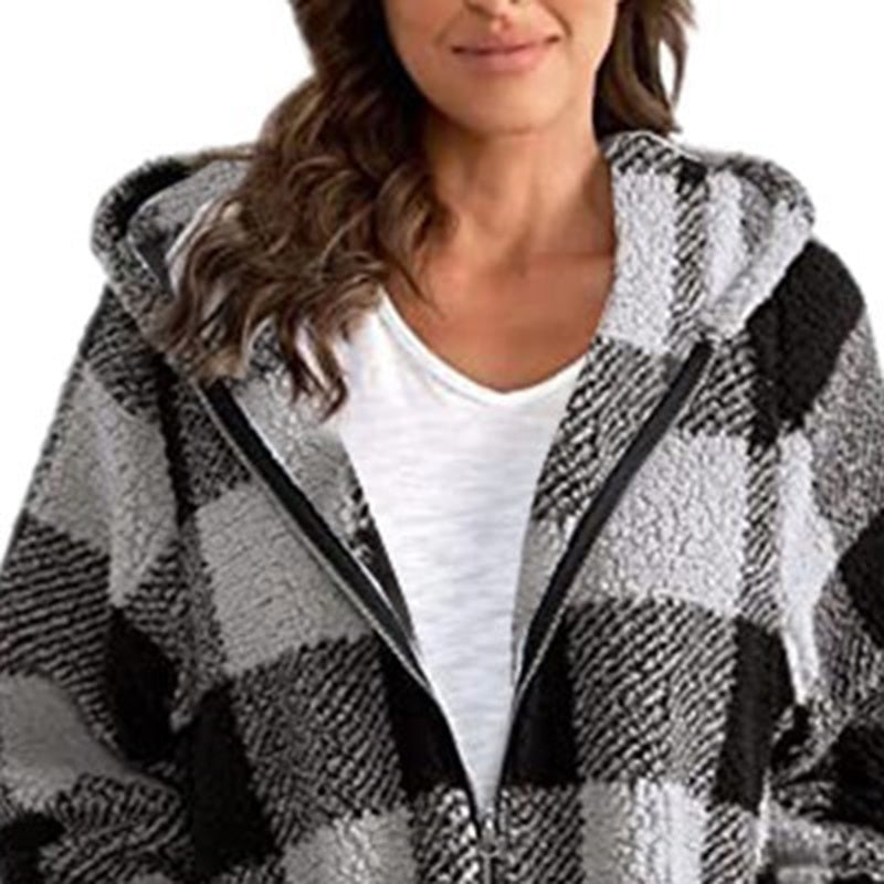 Women's Plaid Hooded Jacket, Long Sleeve Zip Up Oversized Coat With Pockets For Winter Casual And Commute CJ US