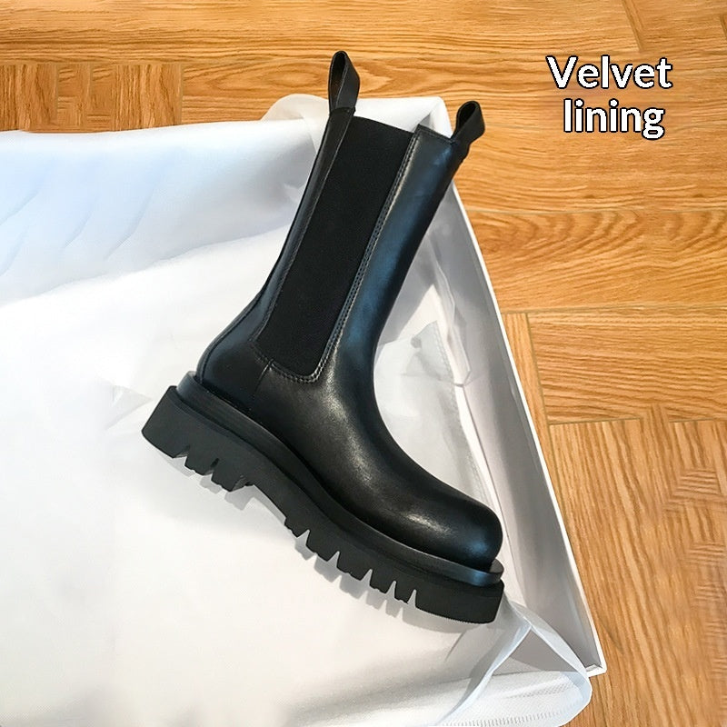 Mid-calf Thick-soled Women's Leather Boots In British Style 