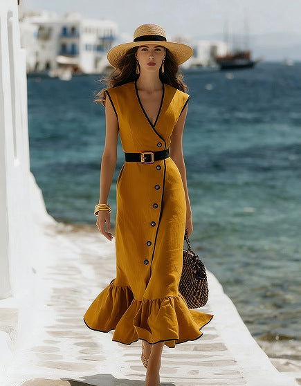 Fashionable V-Neck Linen Blend Midi Dress 