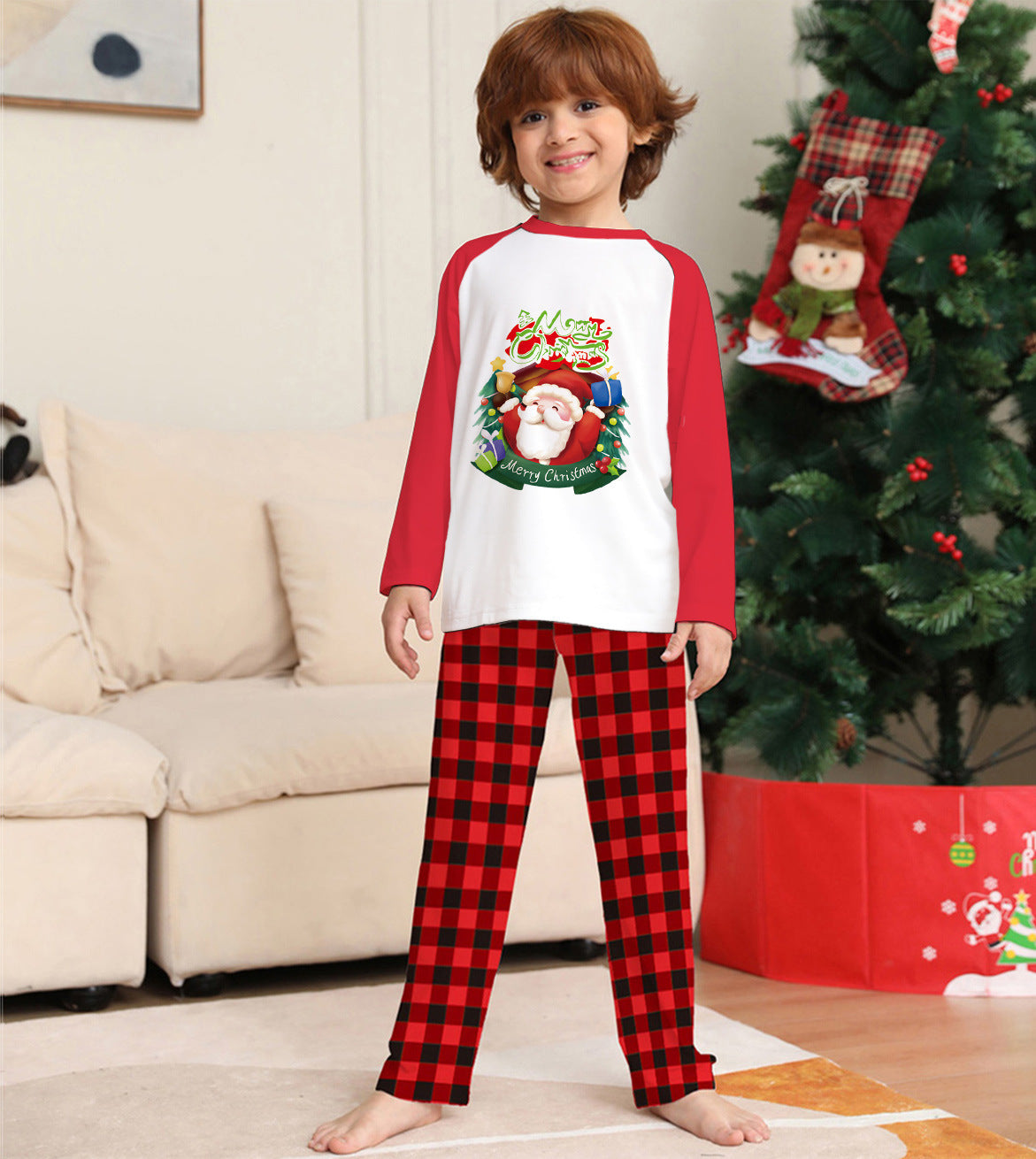 Christmas Parent-Child Clothes Set Long Sleeve T-Shirt Plaid Pants Family Matching Pajamas CJ