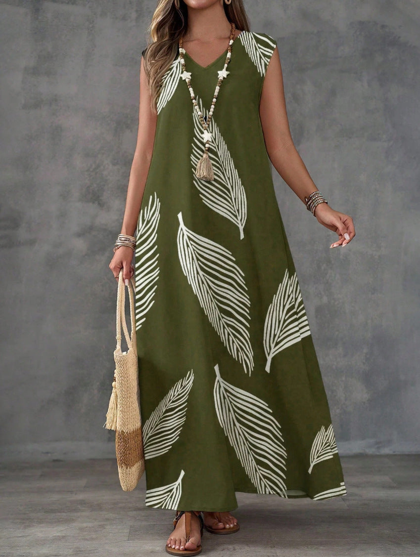 Summer Vacation Style Casual Printed V-Neck Dress 