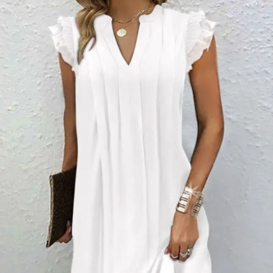 Ladies’ Notch V‑Neck Pleated Petal‑Sleeve Maxi Dress CJ US
