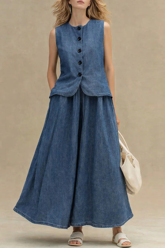 Womens Crew-Neck Denim Top And High-Waist A-Line Skirt Denim Set 