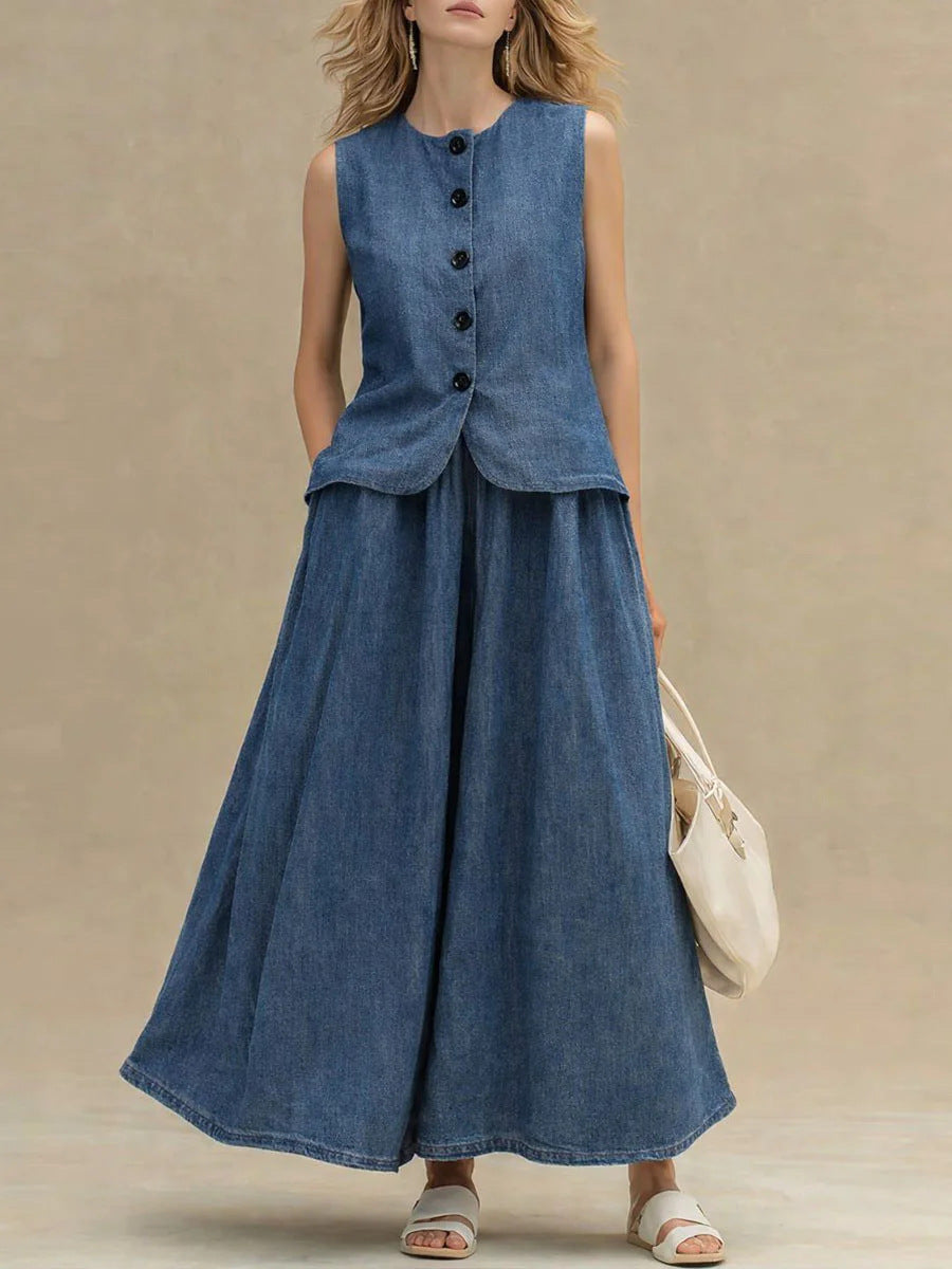 Womens Crew-Neck Denim Top And High-Waist A-Line Skirt Denim Set 