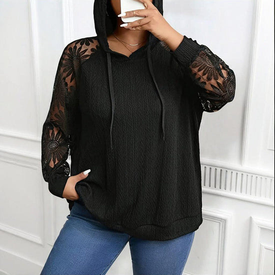 Women's Plus Size Hoodie Lace Long Sleeve Pullover Top, Fall Casual Drawstring Sweatshirt CJ US