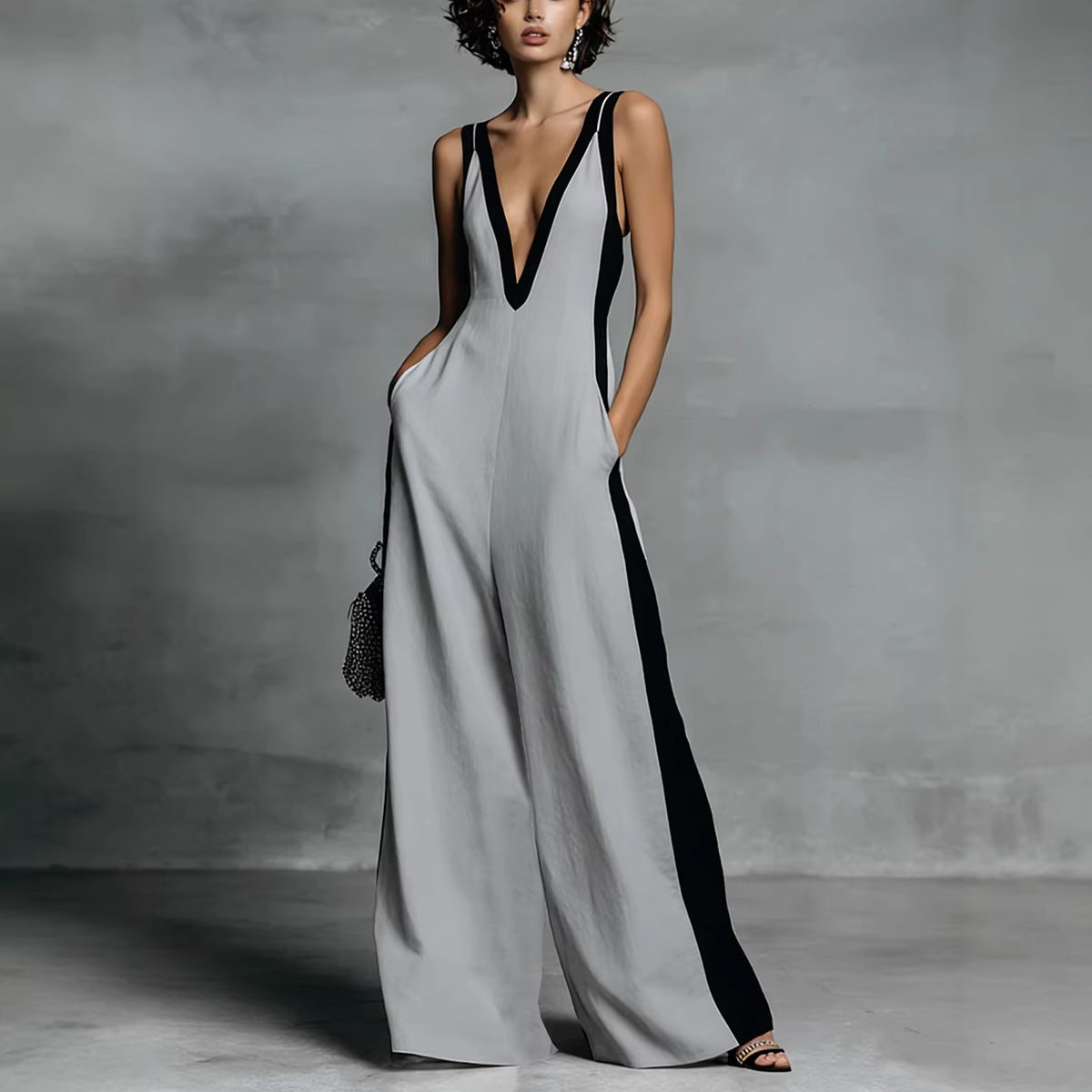 Sleeveless Womens V-Neck Contrasting Color Wide-Leg Jumpsuit 