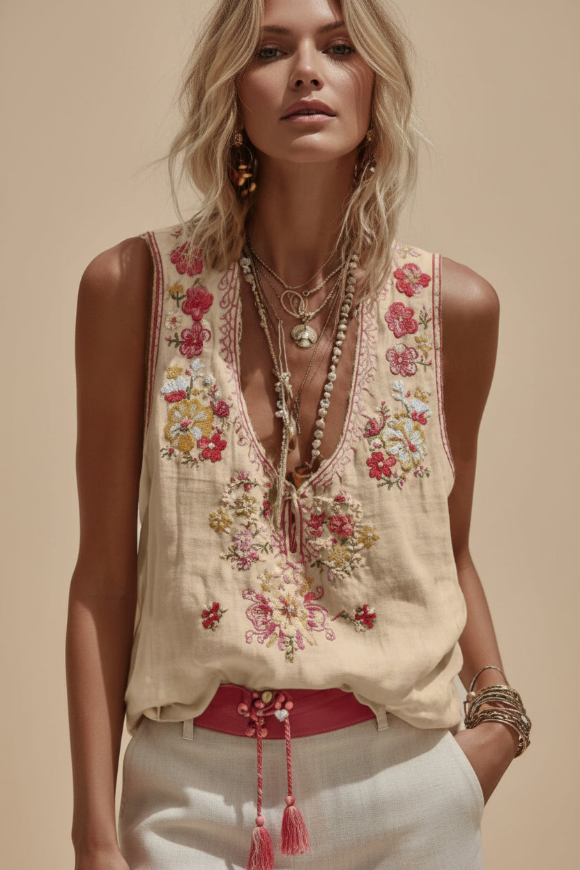 Womens V-Neck Tank Top With A Botanical Floral Print 