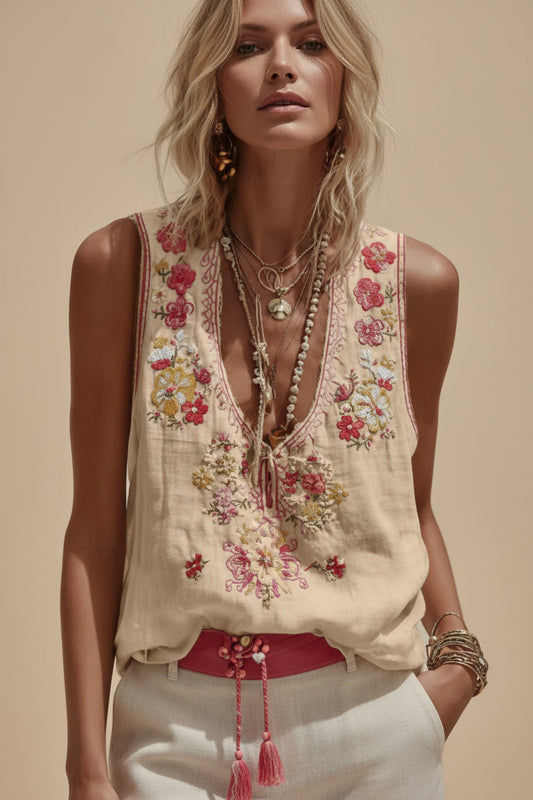 Womens V-Neck Tank Top With A Botanical Floral Print 