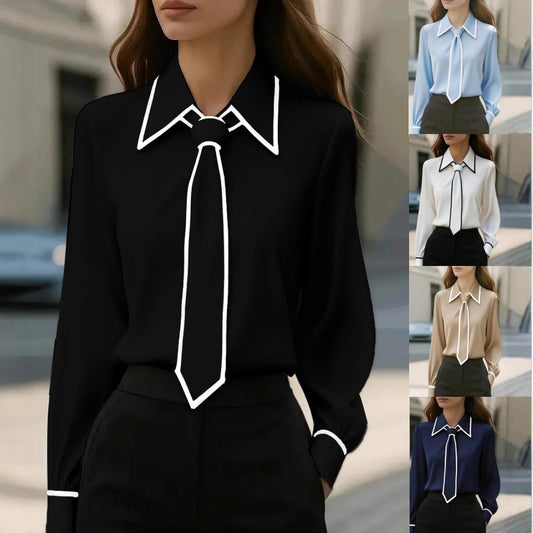 Autumn Fashion Solid Color Commute Tie Design Long Sleeve Shirt Women's Clothing 