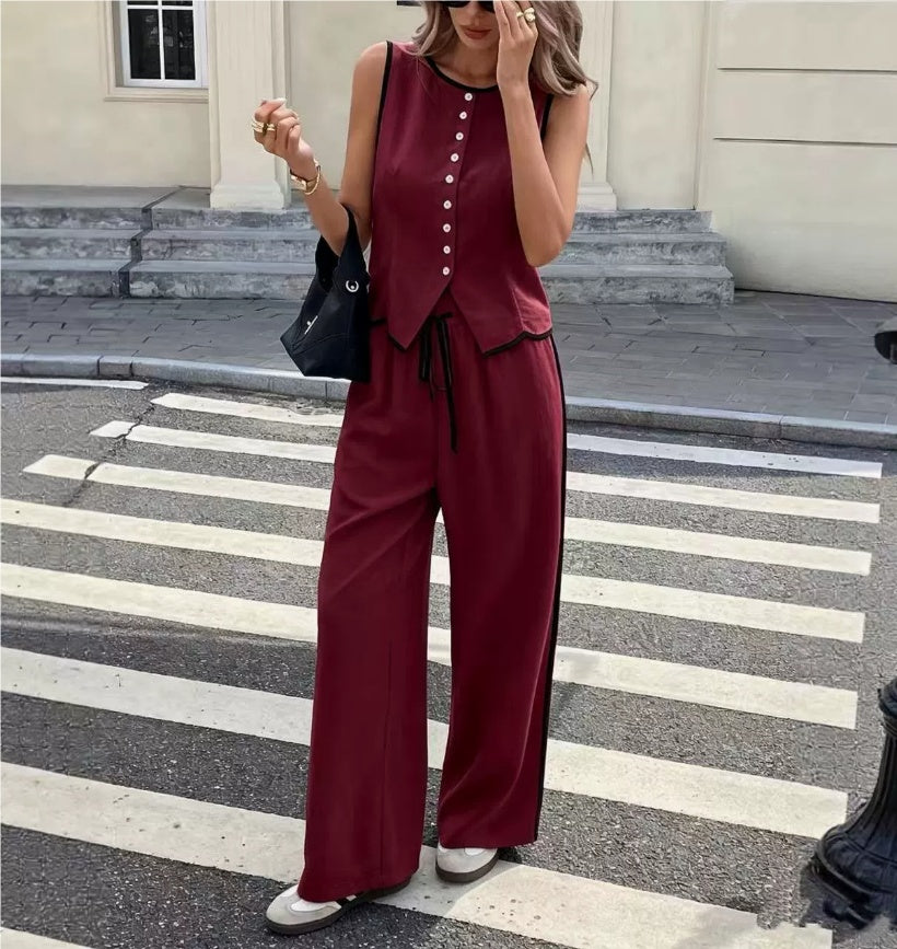 Women's Contrast Color Sleeveless Single-breasted Vest And Drawstring Trousers Suit 