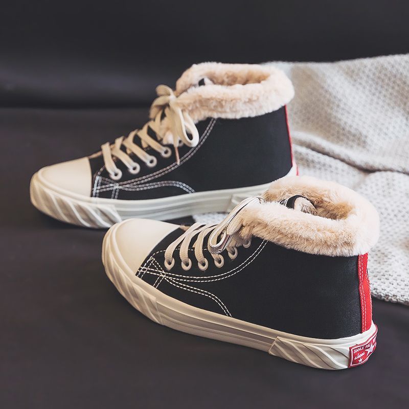 Women's Warm Black Winter Thick Flat High-top With Velvet Canvas Shoes CJ