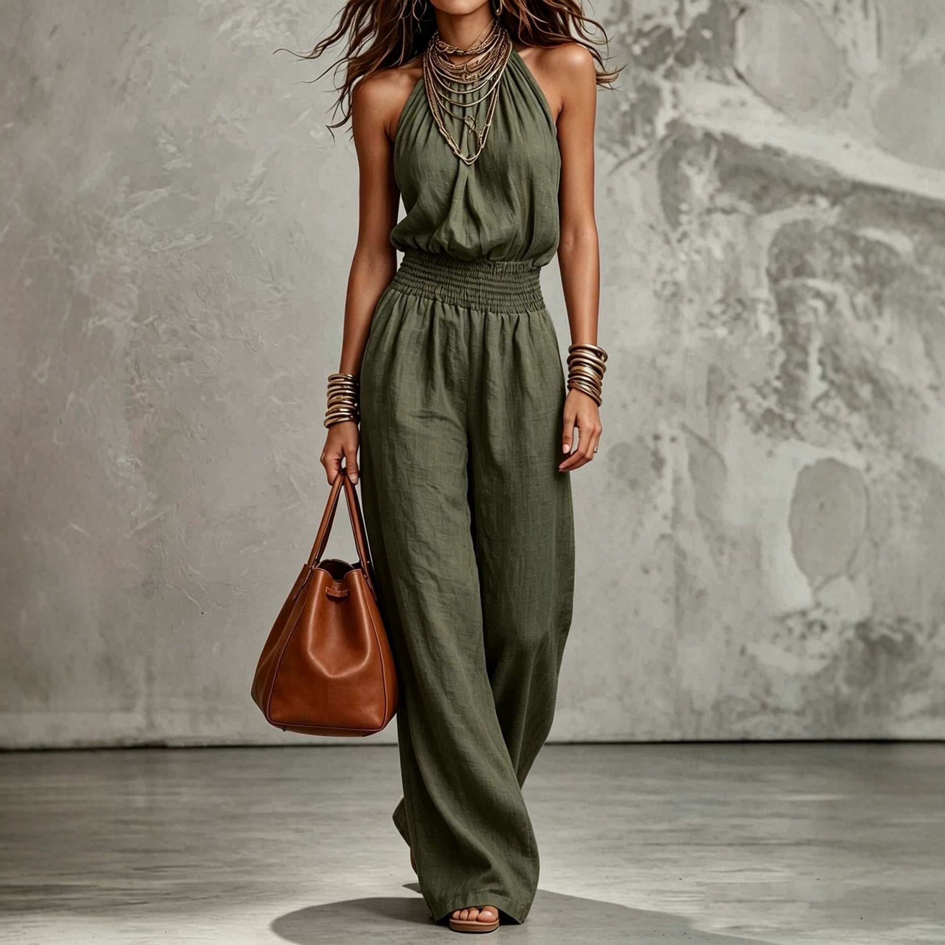 Womens Sleeveless Backless Cinched Waist Lace-up Halter Wide-leg Jumpsuit 