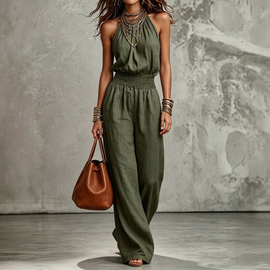 Womens Sleeveless Backless Cinched Waist Lace-up Halter Wide-leg Jumpsuit 