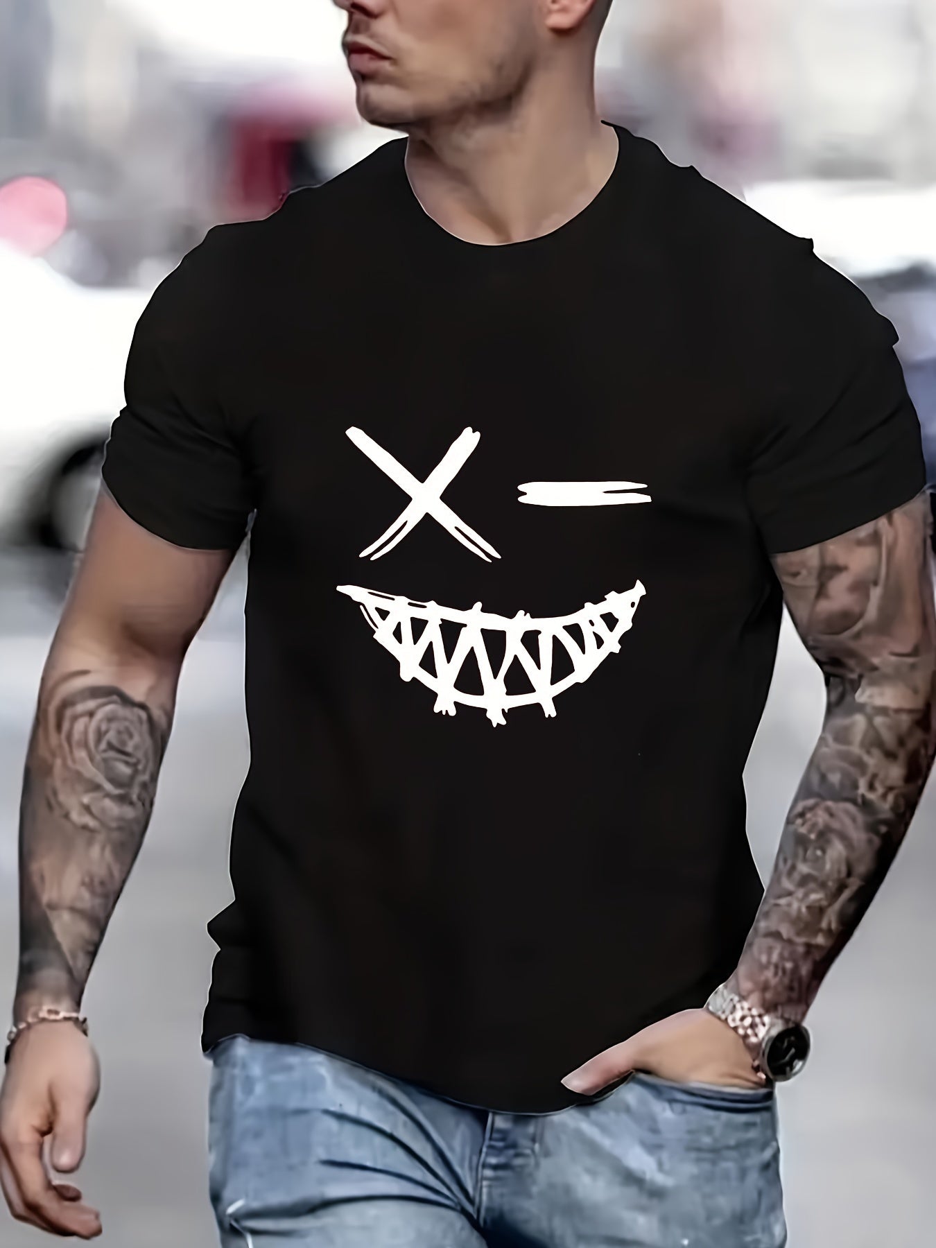 Men's Evil Smiling Face Pattern Round Neck Short Sleeve T-shirt, Summer Street Trend Fashion Top, Perfect Gift Item CJ US