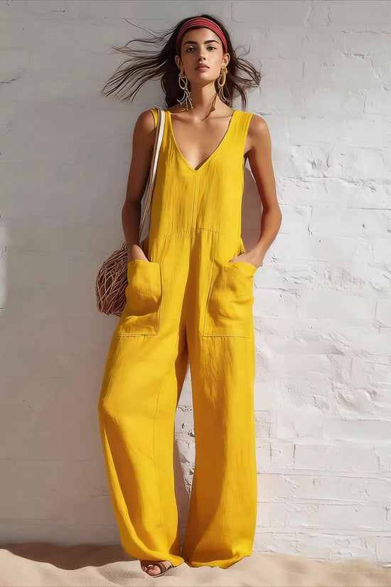 Womens Sleeveless V-Neck Pocketed Casual Jumpsuit 