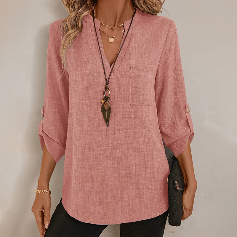 Womens Casual Summer Shirts Notch V Neck Blouses 3 4 Roll Sleeve Tunics Tops CJ US