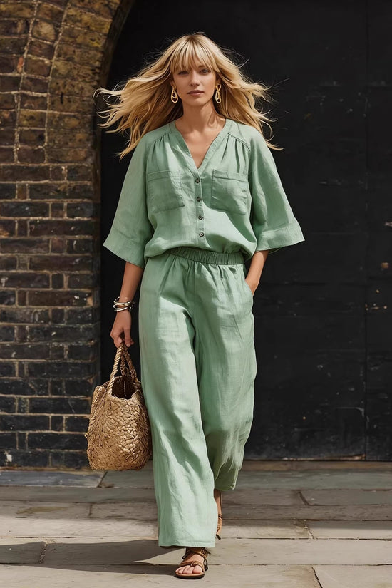 Womens Simple Button-Up Top And Wide-Leg Pants Linen Two-Piece Set 