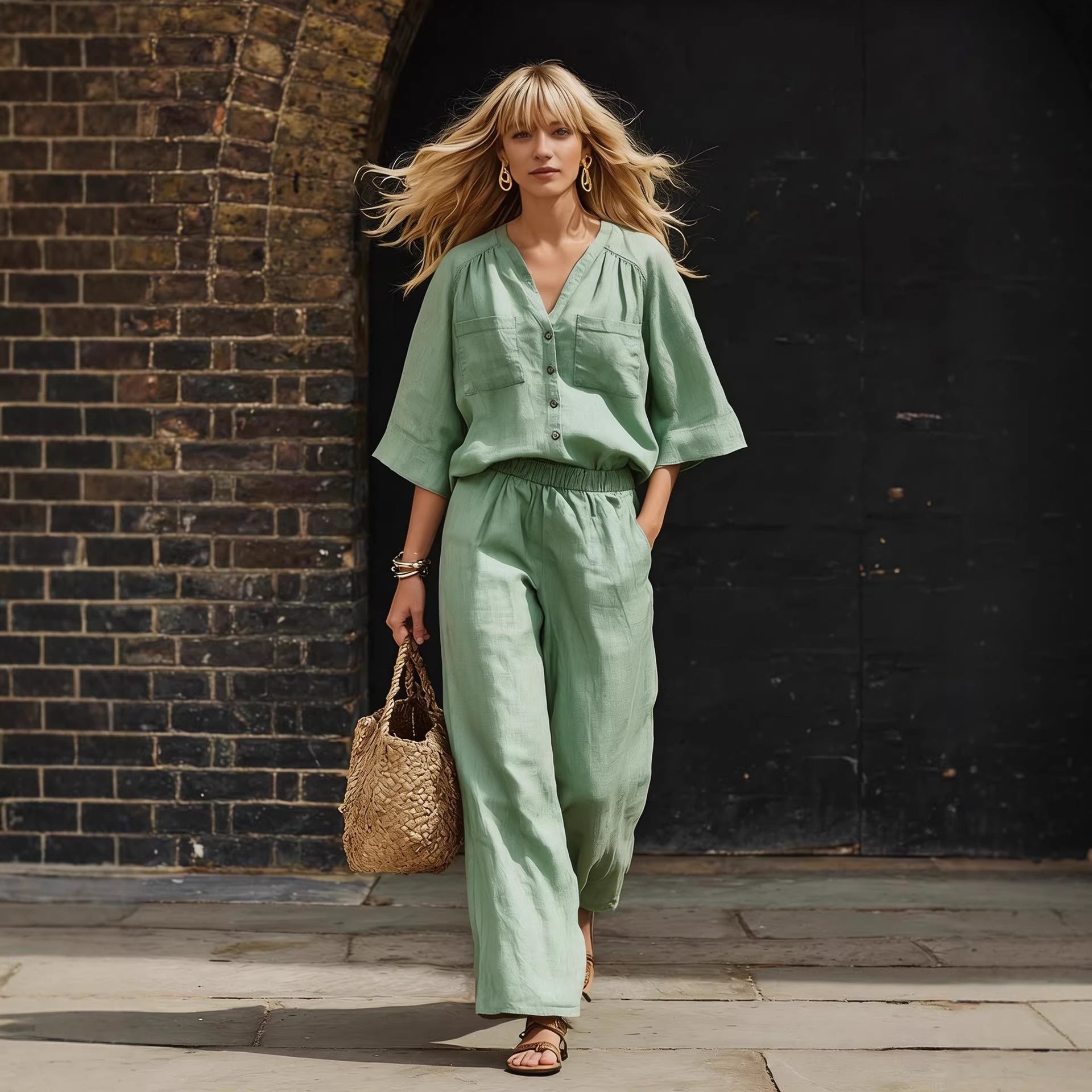 Womens Simple Button-Up Top And Wide-Leg Pants Linen Two-Piece Set 