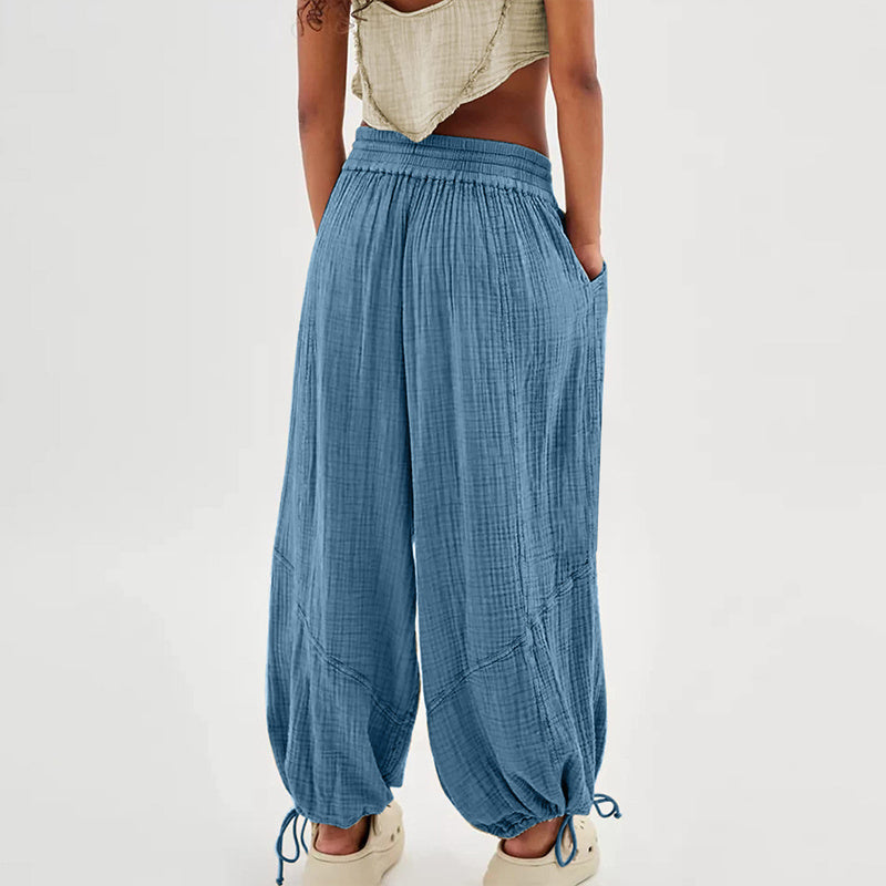 Women's Solid-color Wide-leg Pants With Elastic Drawstring Waist Elasticized Leg Cuffs Side Pockets For Spring&Fall Fashionable Simple Wear CJ US