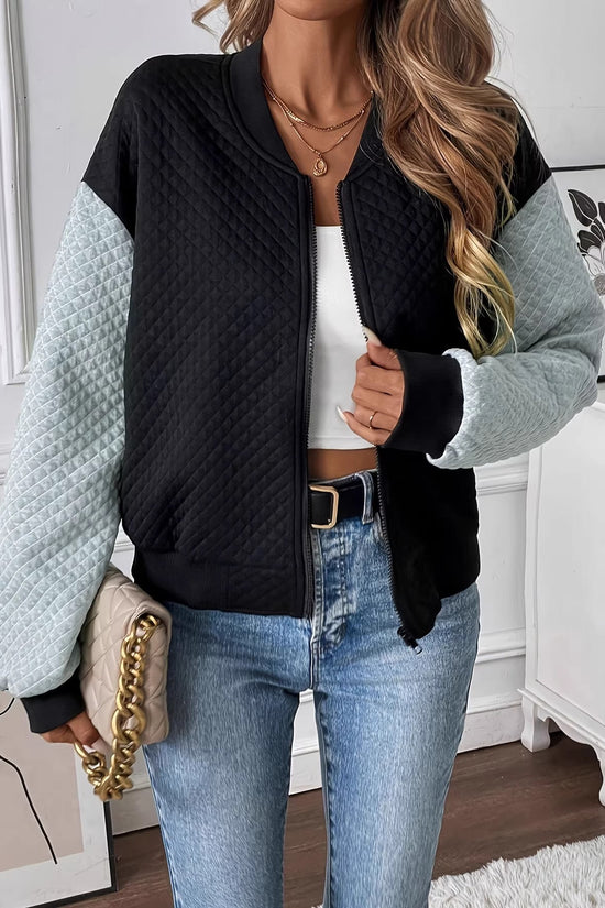Women's Color Blocked Baseball Collar Casual Long Sleeved Zipper Jacket 