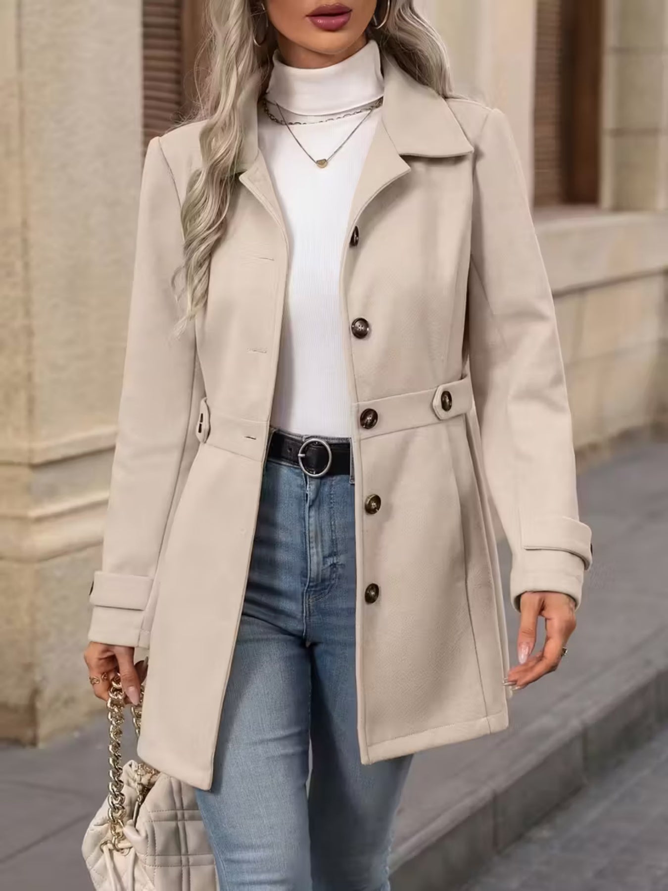 Women’s Elegant Woolen Coat – Medium-Length Lapel Slim Fit Winter Coat - FitiqueFit