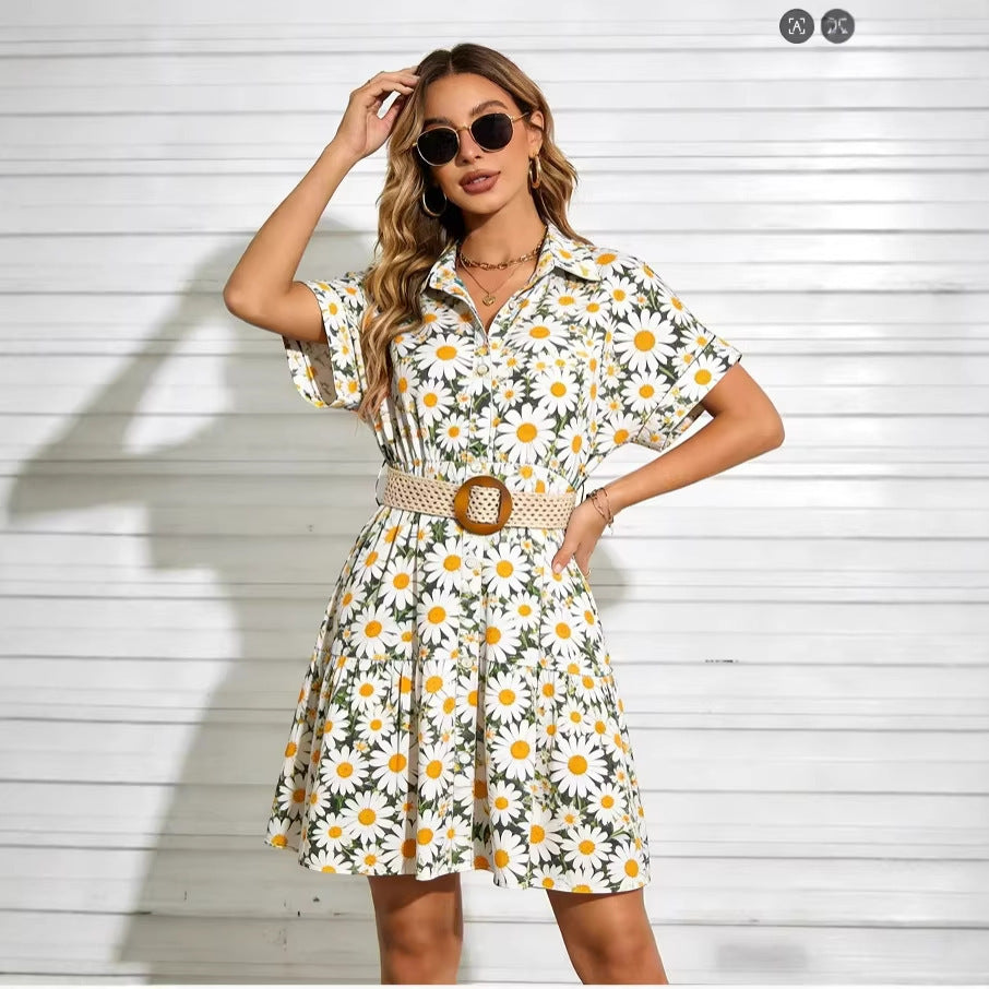 Womens Slimming Belt Short-Sleeve Dress 