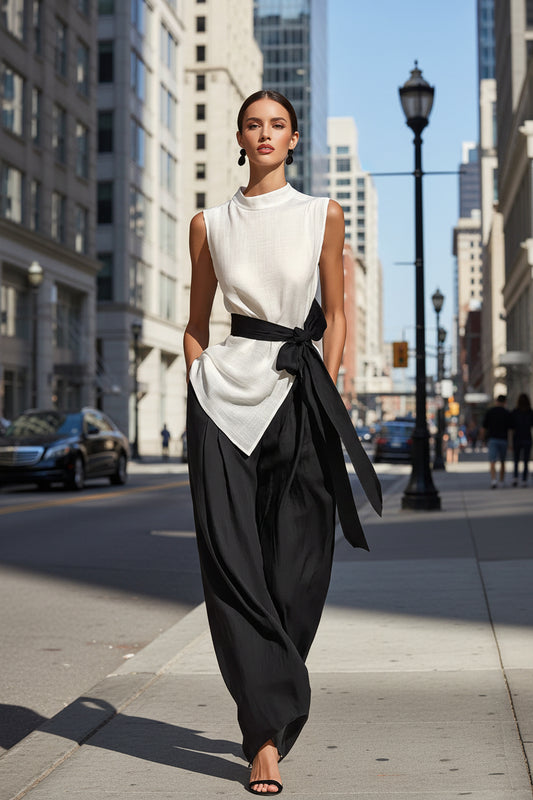 Womens Lace-Up Sleeveless Top And Wide-Leg Pants Two-Piece Set 