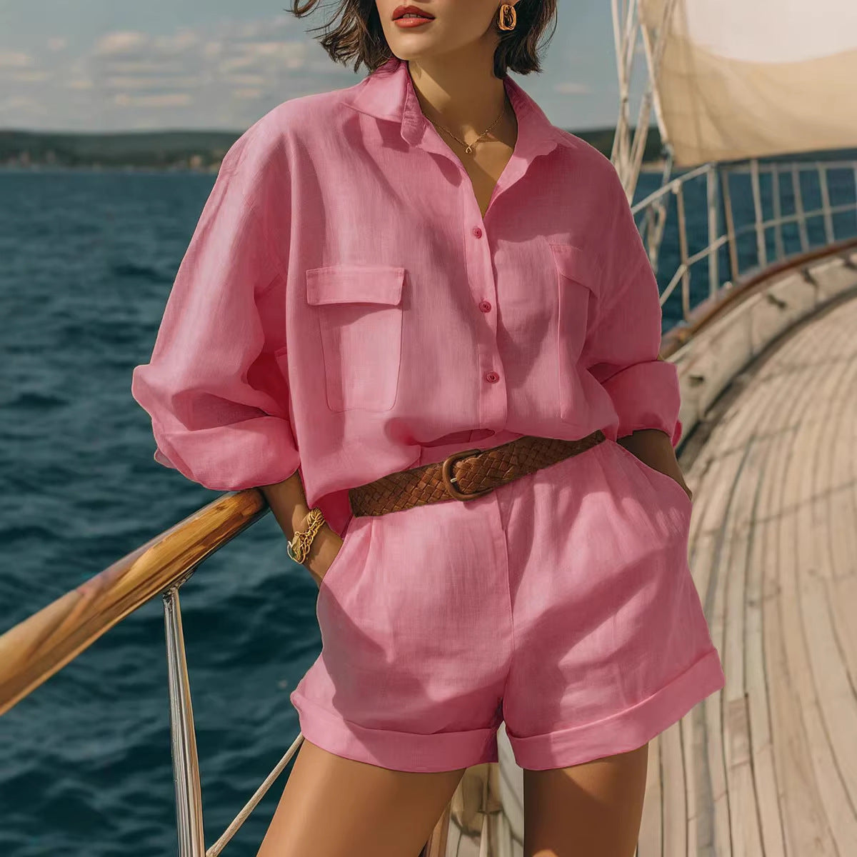 Cotton-linen Loose-fit Button-down Shirt And Shorts Fashion Casual Set 