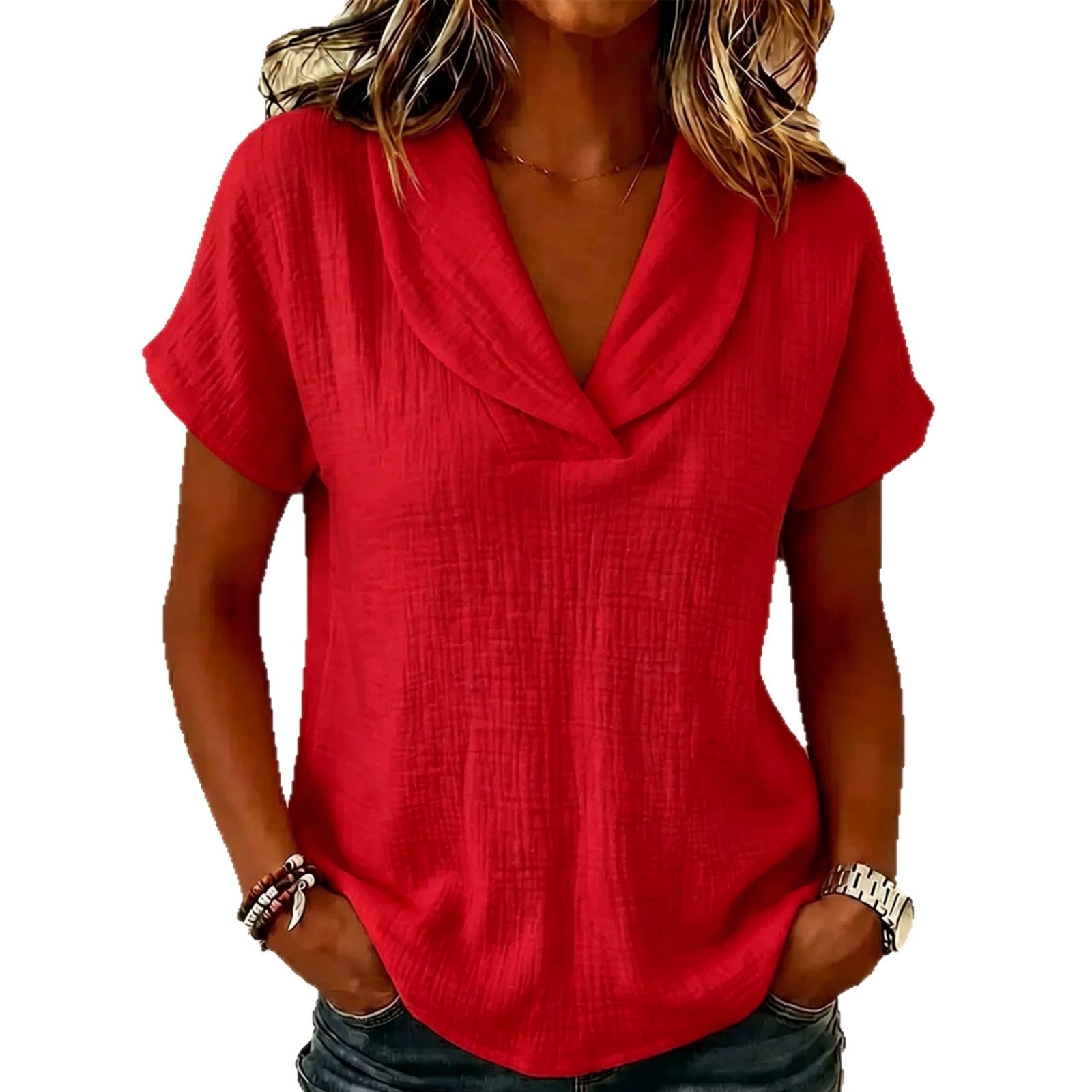 Women's Knitted Short-Sleeve Top With Butterfly Collar 