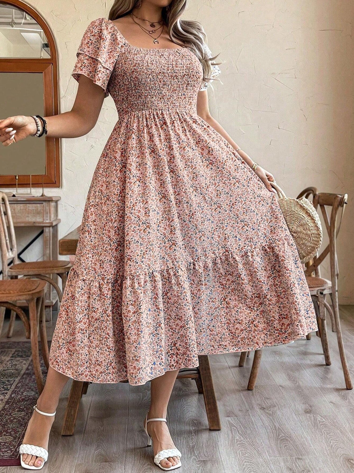 Women's Plus Size Backless Midi Dress For Summer Party - Elegant Pleated Printed Dress CJ US