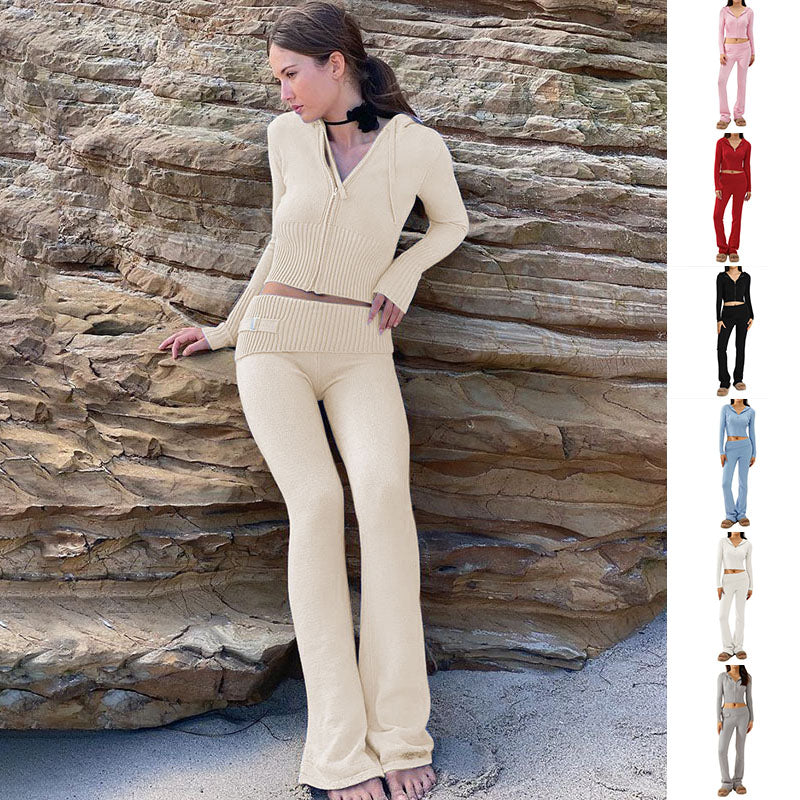 Women’s Knitted Hooded Two-Piece Set – Cardigan & High-Waisted Pants Suit - FitiqueFit
