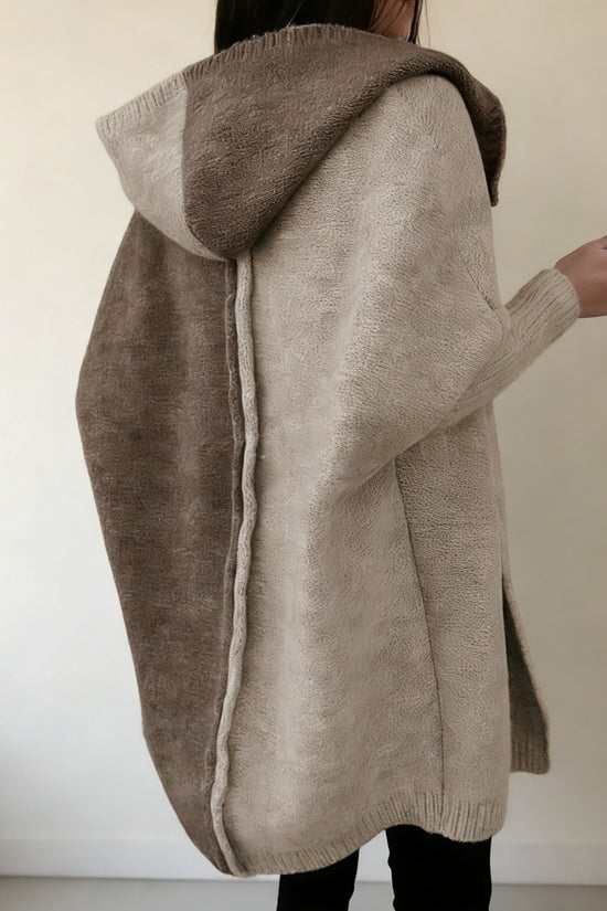 Women’s Color Block Hooded Knitted Cardigan – Plus Size Mid-Length Sweater Coat - FitiqueFit