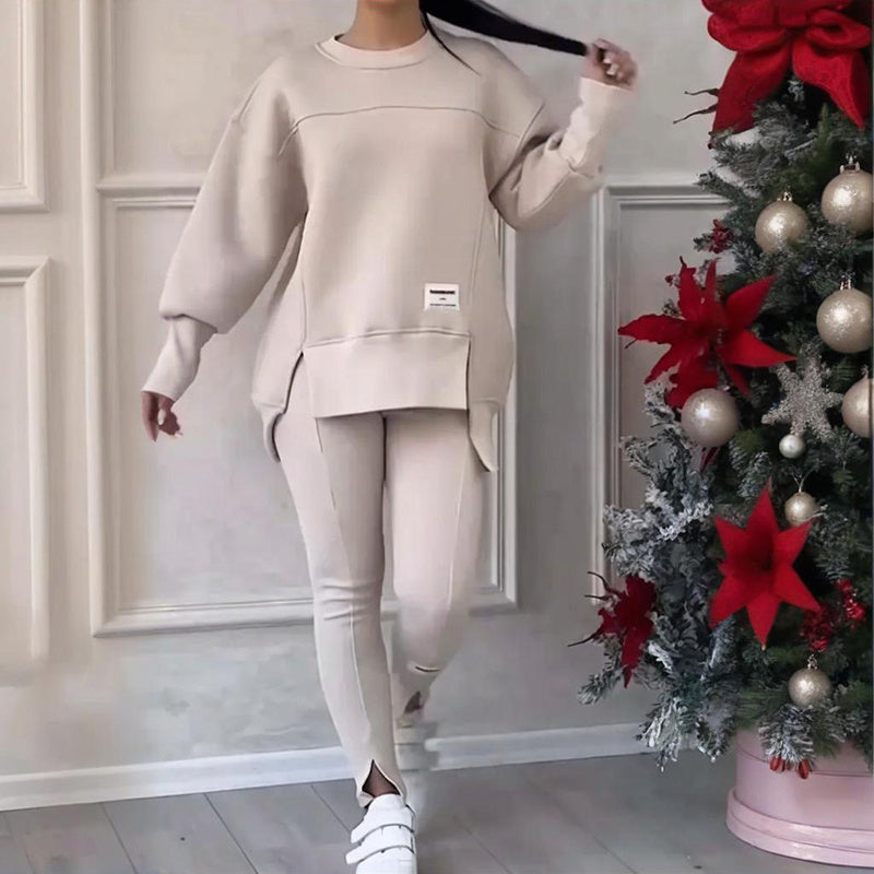 Women's Solid Color 2-Piece Set, Loose Fit Top With Slit Hem & Slim Fit Pants For Spring And Fall 