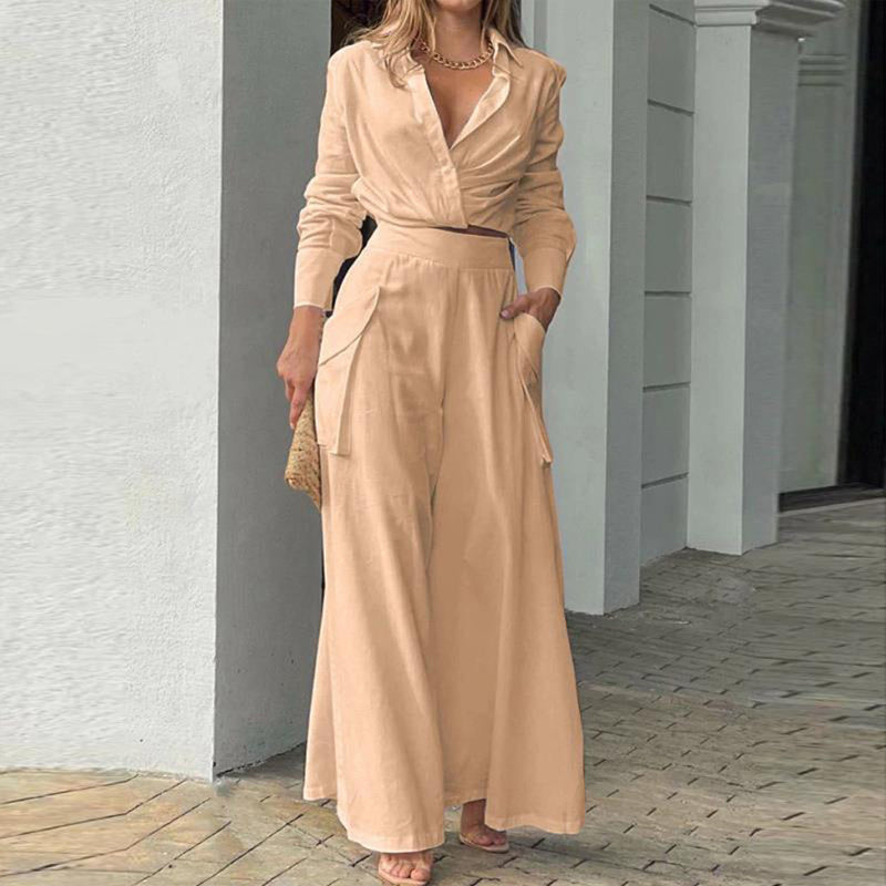 Women's Plus Size Elegant Pant Set - Crisscross Detail Top & Wide Leg Pants With Pockets Office & Casual Outfit CJ US