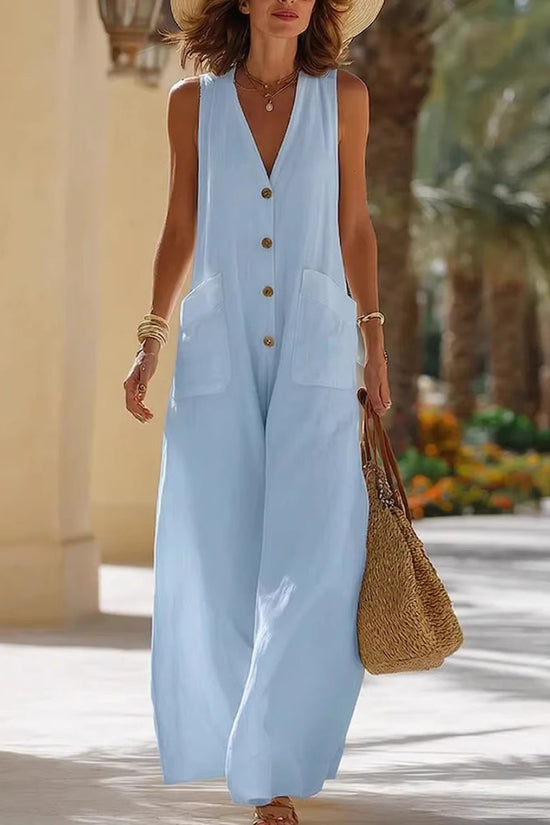 Simple And Comfortable Cotton-Linen Sleeveless Wide-Leg Jumpsuit With Button Pockets 