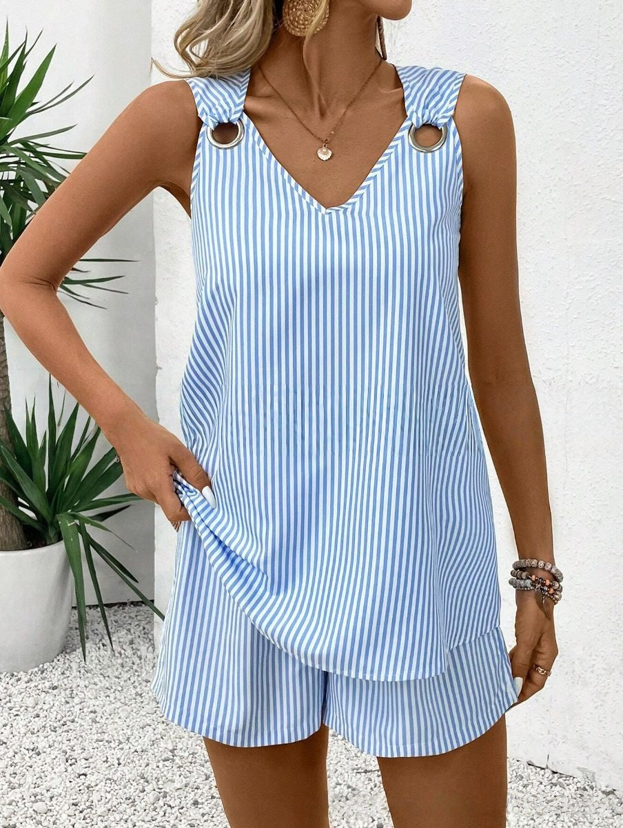 Striped Stand Collar Sleeveless Top & Shorts Set – 6 Colors, S–3XL 