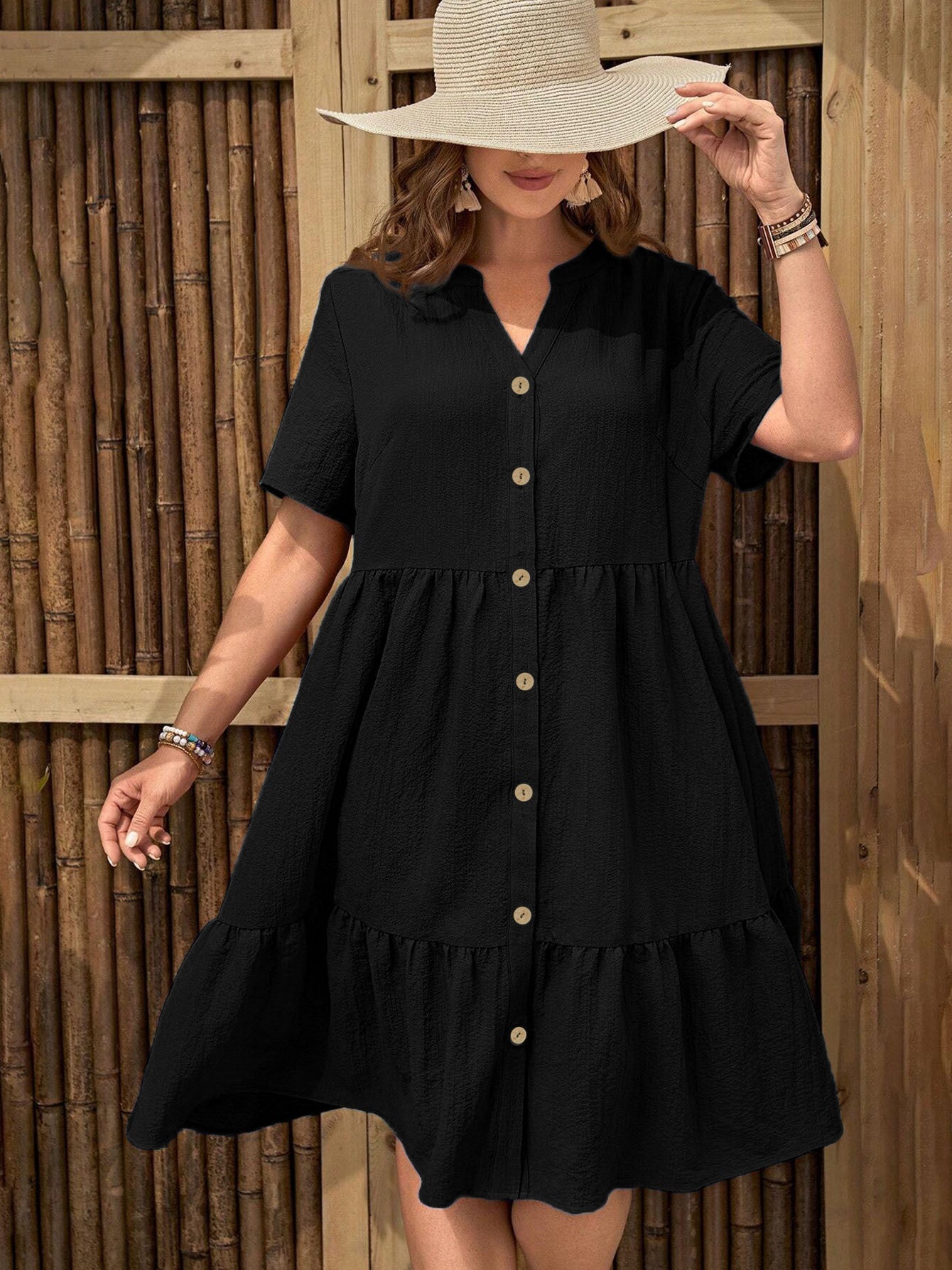 Women's Plus Size Buttoned Dress - Summer Casual V-Neck Short Sleeve Midi Dress CJ US