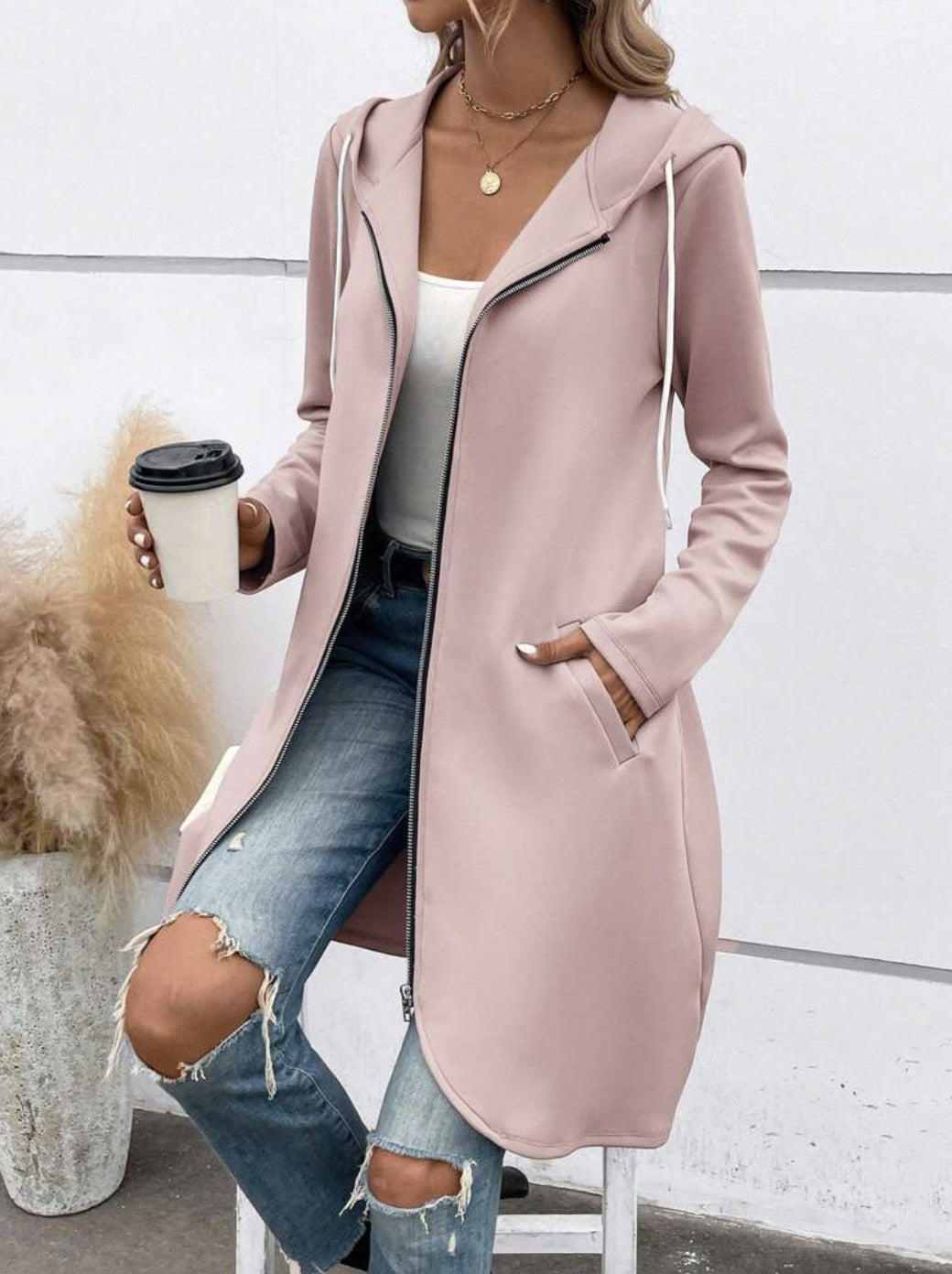 Personality Street Zip Hooded Long Velvet Lining Sweatshirt 