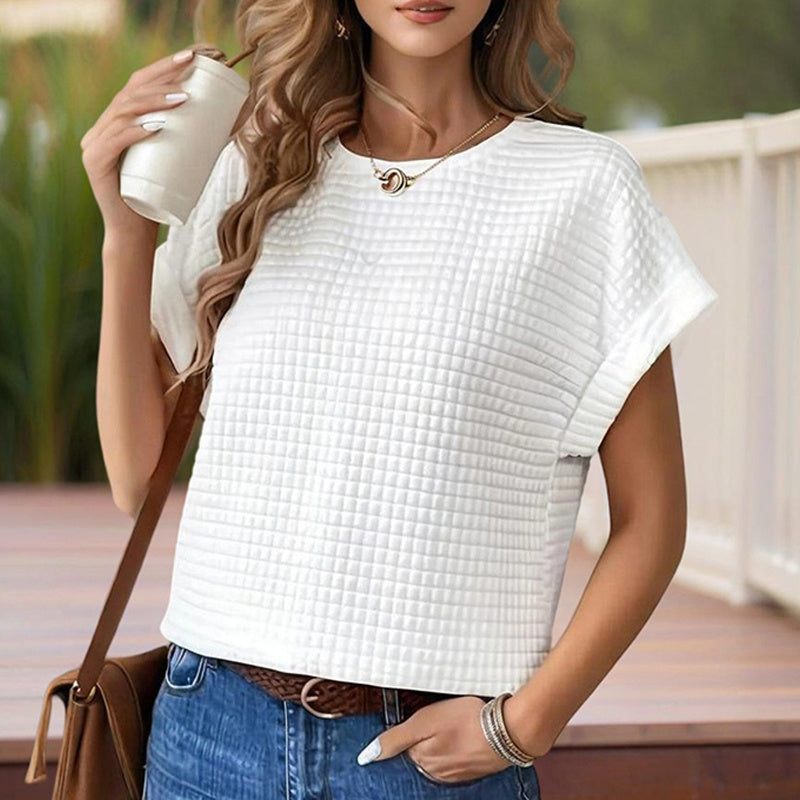 Women's Solid Color Round Neck Short Sleeve Top - Textured Cuff Detail Comfortable Summer Casual Tee CJ US