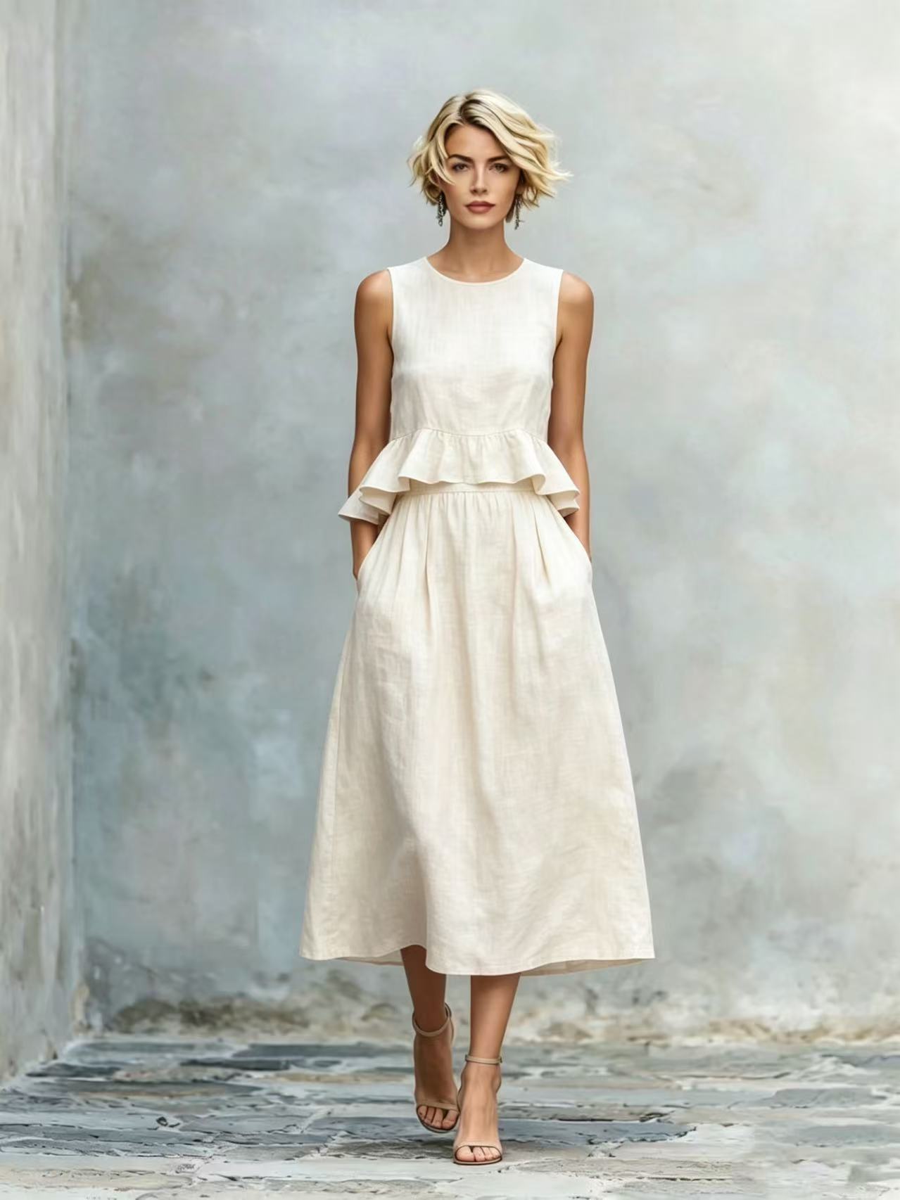 Sleeveless Crew-Neck High-Waisted Ruffle-Trim Resort-Style Dress 