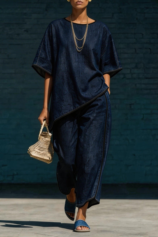 Elegant Casual Denim-Style Loose Wide-Leg Pants Two-Piece Set 