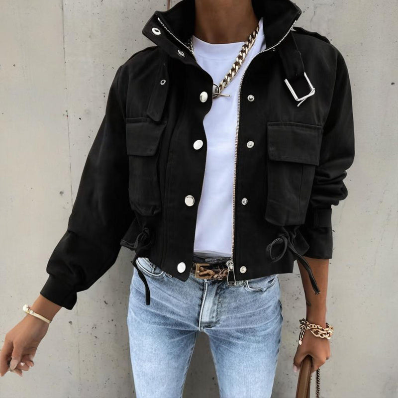 Women's Stand Collar Long Sleeve Jacket With Button & Zipper Closure - Two Large Pockets & Drawstring Hem Casual Short Jacket For Spring&Fall CJ US